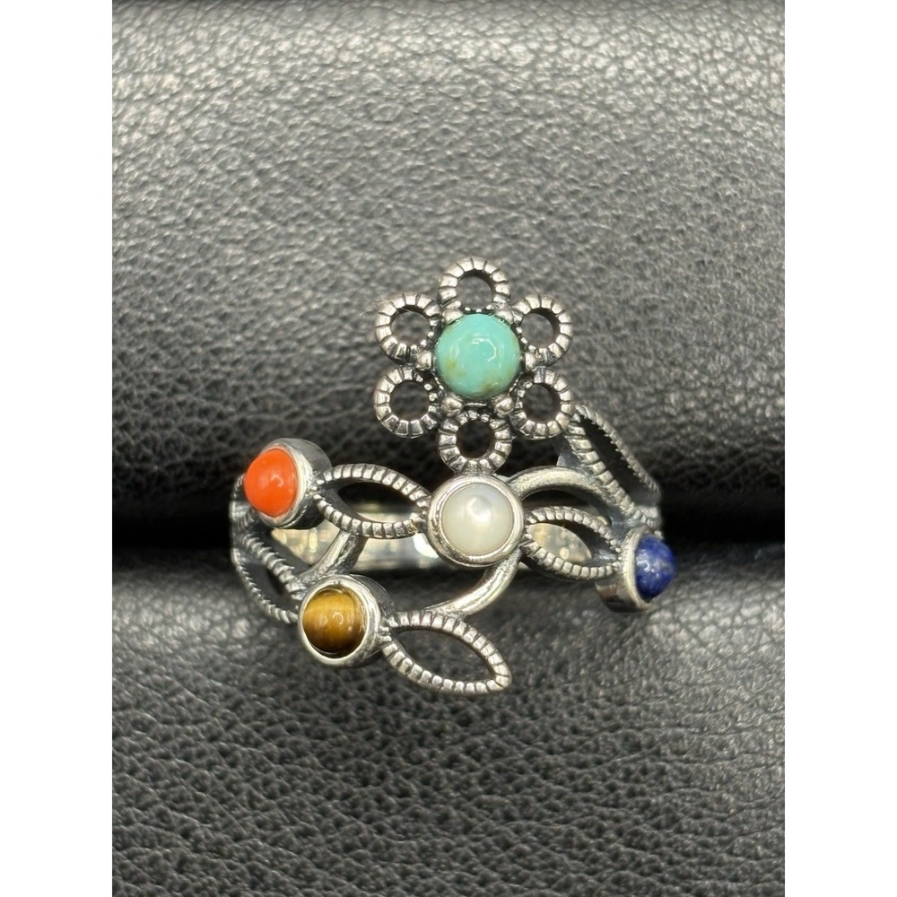 New Condition Sterling Silver Flower Lapis Turquoise Ring Size 7 J25